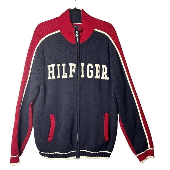 Tommy Hilfiger Sweater Mens‎ Large Blue Red Embroidered Spell Out Full Zip VTG - Picture 1 of 13